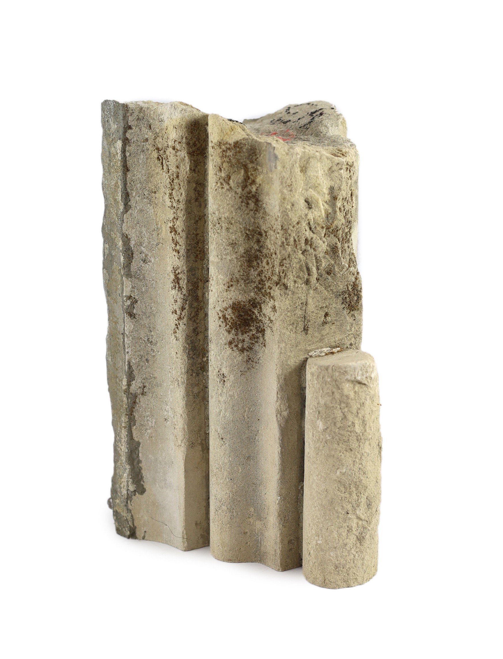 A section of Caen stone internal mullion from the Great South Window at Canterbury Cathedral circa 1428, 19cm wide 17cm deep 28.5cm high